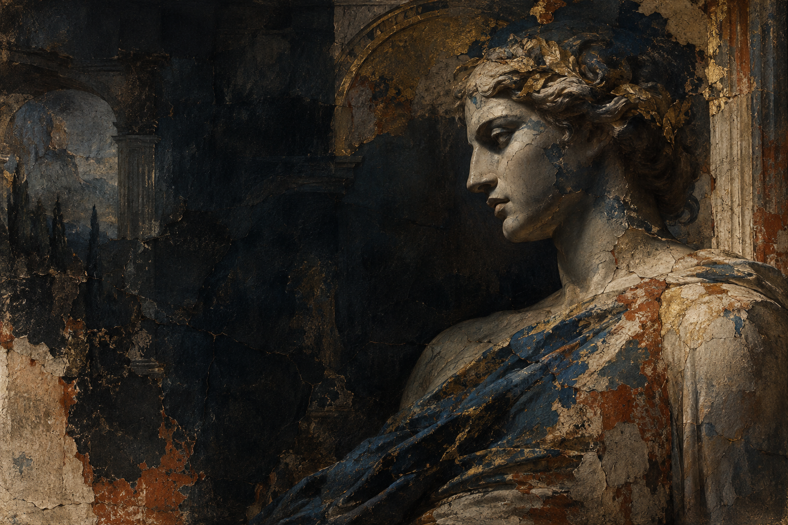 A weathered painted figure emerging from a dark, timeworn fresco.